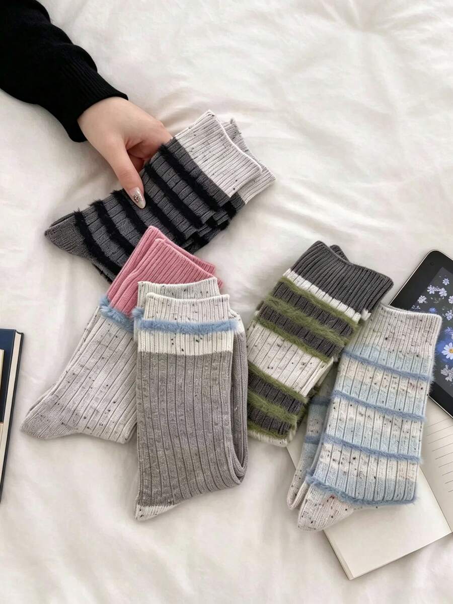 1/5/10 Pairs Pack Socks, Thickened Warm Mid-Calf Socks, Dotted Yarn Thick Thread Color Block Women's Socks, Ins Autumn & Winter Color Contrast Warm Socks - Multicolor - View 1