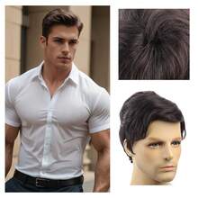 Men's Full Head Wig, Synthetic Fiber, Machine Made, Short Curly Hair, Business Style, For European And American Men - Black - View 2
