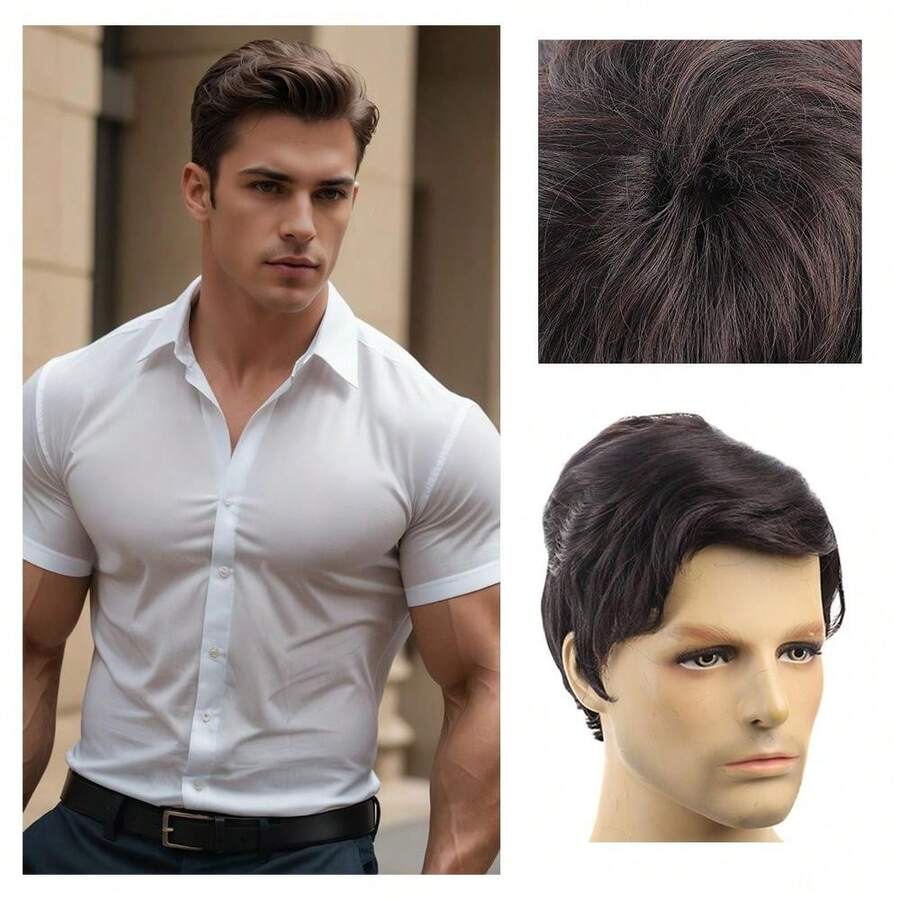 Men's Full Head Wig, Synthetic Fiber, Machine Made, Short Curly Hair, Business Style, For European And American Men
