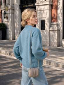 Women Fall Tie Neck Knit Cardigan, Christmas Button Front Solid Sweater Jacket, Casual Outfit For City Walk & Holiday Gathering - Teal Blue - View 3