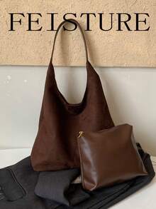 FEISTURE 1pc Solid Color Women's Large Capacity Suede Material Mother-Daughter Shoulder Bag, Fashionable Underarm Bag, Suitable For Girls, Women, College Students, New Professionals And White-Collar Workers, Perfect For Work, Business, Commuting, School - Coffee - View 8
