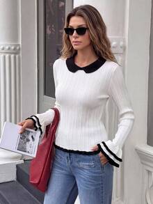 Black & White Contrast Color Small Lapel Ribbed Knit Slim Fit Waist Hollow Out Detail Ruffle Flare Long Sleeve Base Layer Top For Women - White - View 5