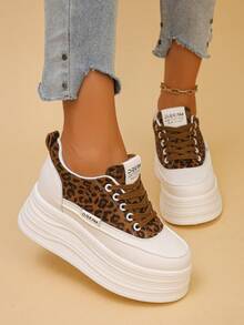 Women's Leopard Print Wedge Platform Sneakers Casual Lace-Up Shoes For Spring And Autumn - Brown - View 4