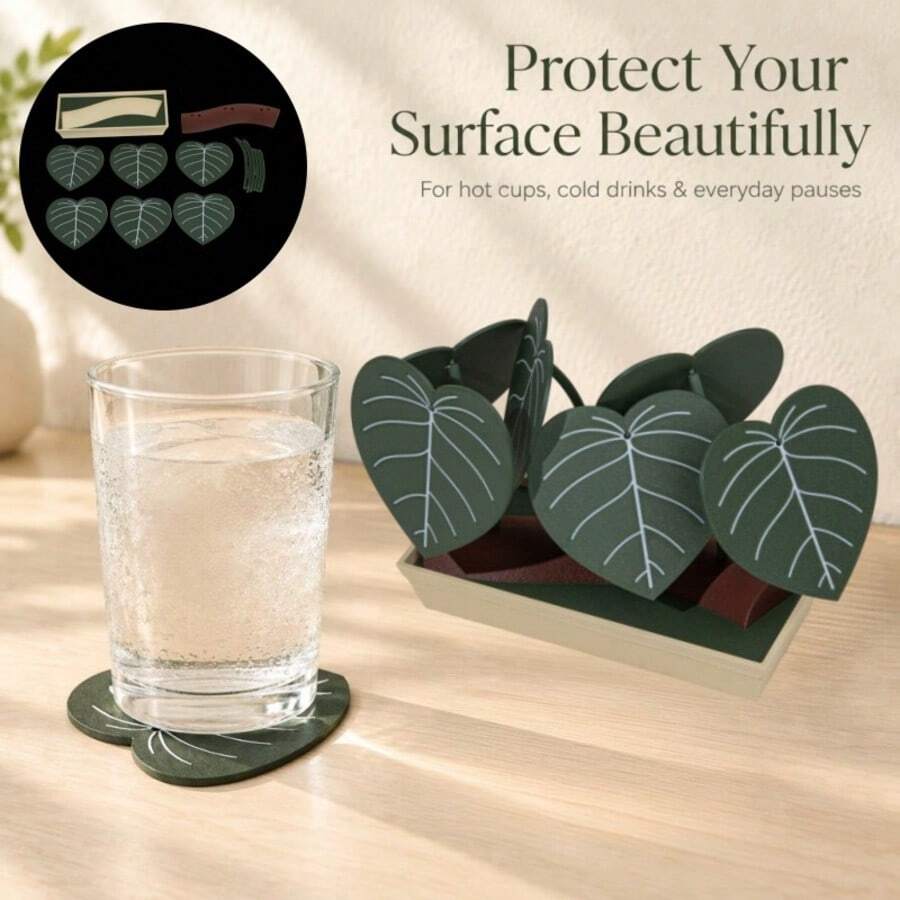 3D Printed Leaf Coaster Set, 6 Removable Drink Coasters With Plant-Style Holder And Hidden Storage, Botanical Home Decor - Multicolor - View 1
