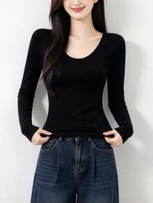 Women's Black Regular Shoulder Long Sleeve T-Shirt, Autumn Fitted Basic Top, Fashionable Commuter Inner Layer, Layering Top, Halloween Outfit - Black - View 9
