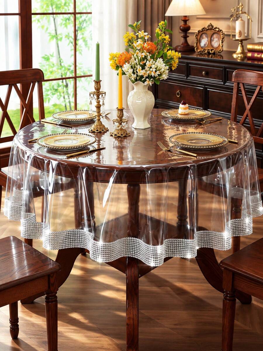 1pc Transparent PVC Waterproof Oil-Proof Tablecloth, Luxury Rhinestone Mesh Trim Dining Table Protector, Wipeable And Easy To Clean - Multicolor - View 1