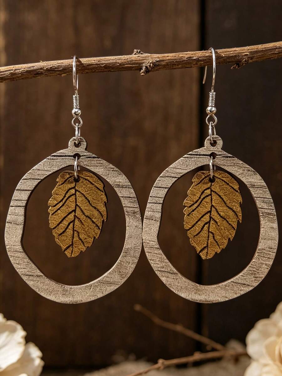 1 Pair Hollow Wooden Ring Leaf Earrings, Vintage Wooden Leaf Earrings - Brown - View 1