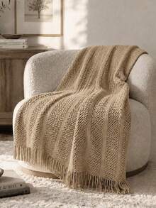 Comfortable Knitted Tassel Throw Blanket - Soft, Lightweight, Ideal For Sofa, Bed And Travel - Beige And Cream Farmhouse Style - Khaki - View 2