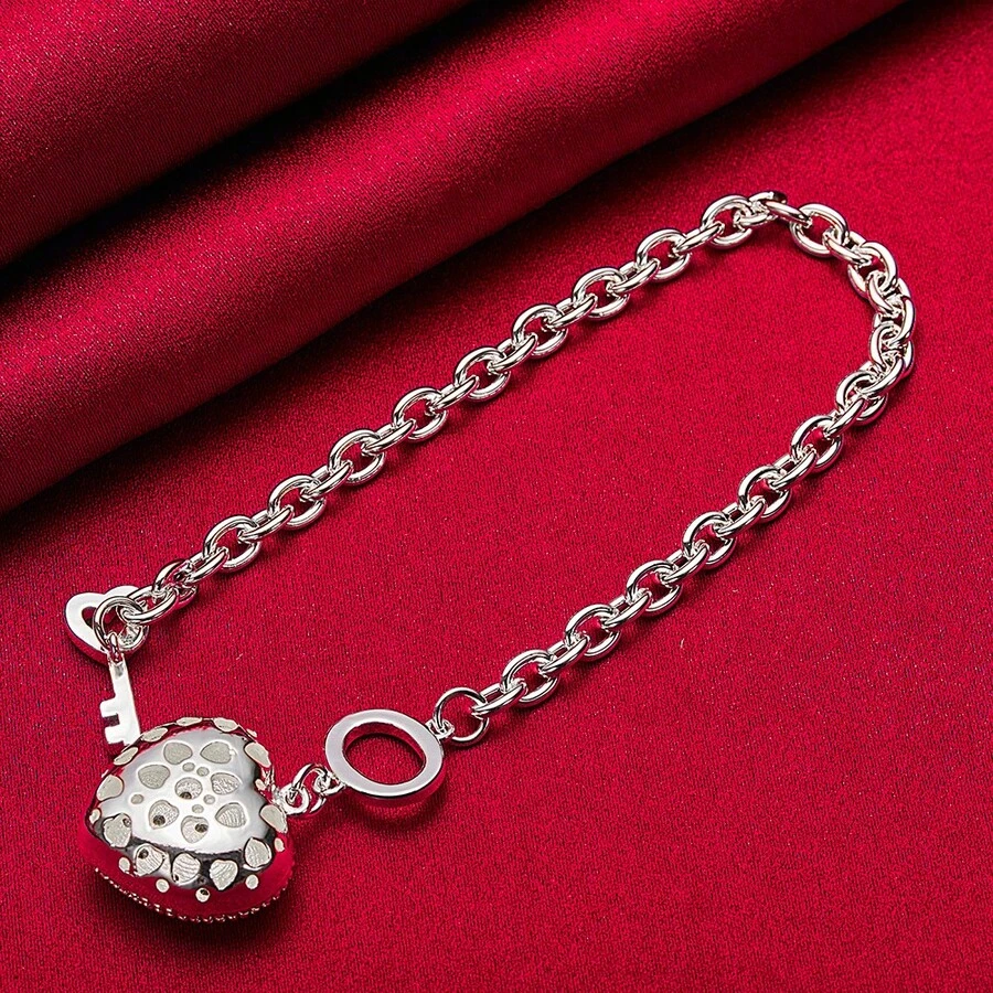 925 Sterling Silver Plated Silver Plated AAA Zirconia Heart Key Bracelet Jewelry - Silver - View 1