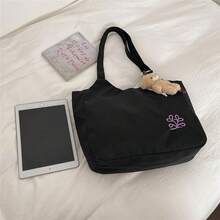 Minimalist Embroidered Canvas Tote Bag Large Capacity Student Shoulder Bag Cute Bear Pendant Casual Commute Handbag - Multicolor - View 10