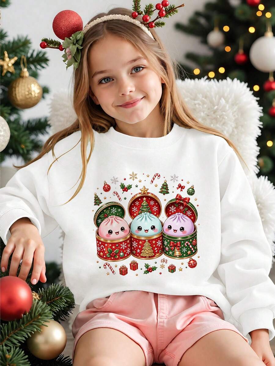 Casual sweatshirt för tween-flicka med roligt tryck, rund hals och lång ärm, höst/vintertopp - Vitt - Visa 1