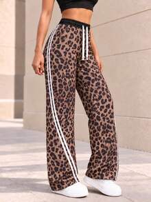 Celana Panjang Wanita Motif Leopard Kaki Lebar dengan Tali Serut dan Garis Putih Dua Sisi, Celana Kasual Longgar - Coklat - View 6