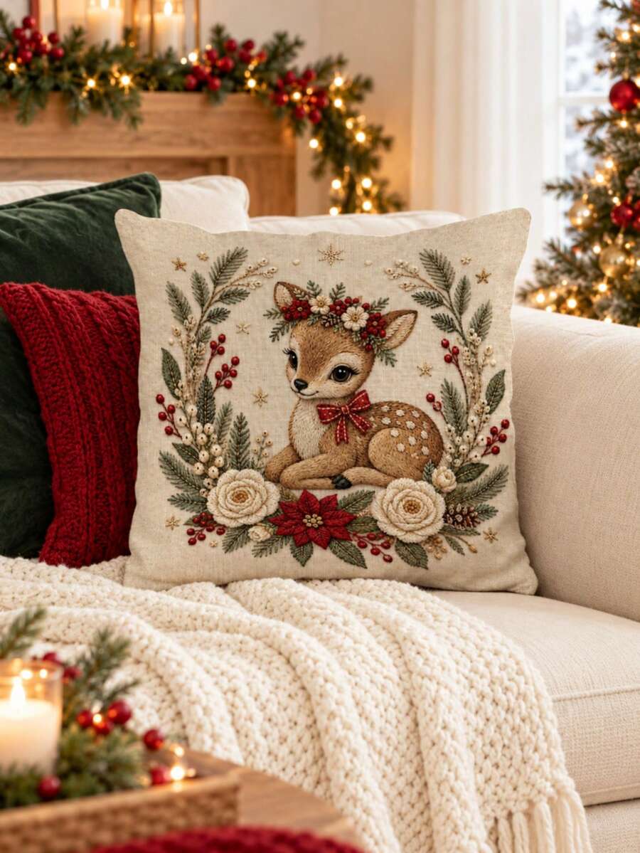 1pc Christmas Themed Plush Pillowcase (Inner Cushion Not Included) - Holiday Home Decor, Featuring Christmas Deer, Berry Branch And Flower Pattern Design, Suitable For Sofa, Bench, Living Room And Bedroom; Made Of Soft Fabric And Hidden Zipper Design; Suitable For All Seasons And Machine Washable. - Multicolor - View 1