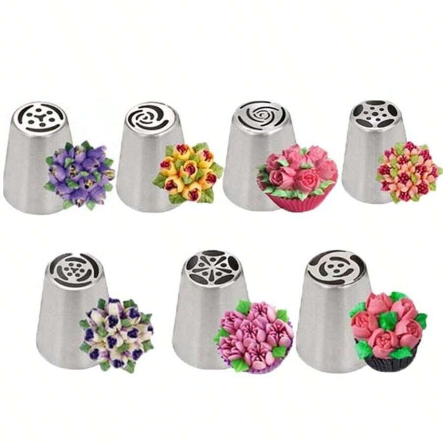7pcs Cream Cake Decorating Piping Tips Set, Stainless Steel Russian Tulip Piping Tips, Cake Piping Tips, Cupcake Baking Tools - Multicolor - View 1