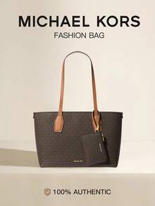 Michael Kors Charlie Logo Medium Tote Bag With Small Zipper Pouch Wallet, Women's Elegant Shoulder Bag Set, Casual Shopping Travel Commute Handbag - Dark Brown - View 1