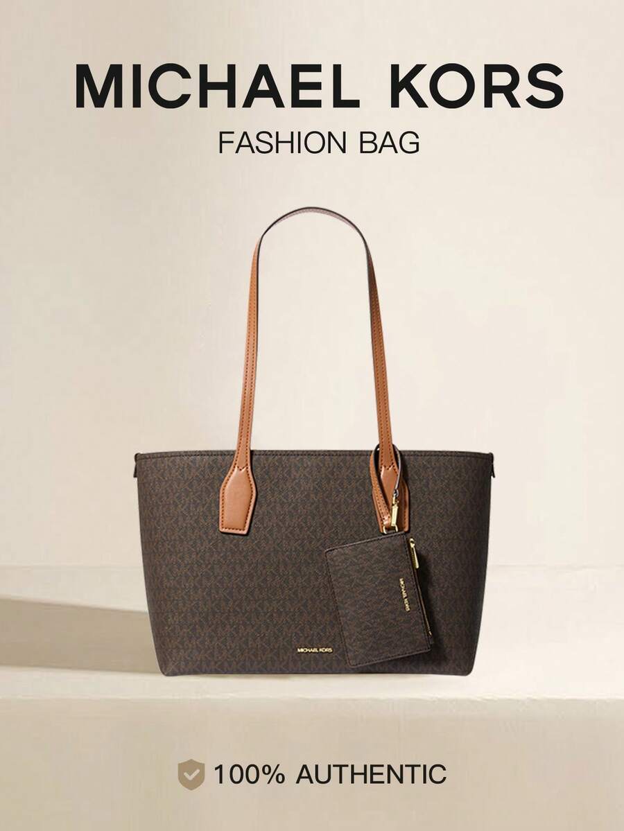 Michael Kors Charlie Logo Medium Tote Bag With Small Zipper Pouch Wallet, Women's Elegant Shoulder Bag Set, Casual Shopping Travel Commute Handbag - Dark Brown - View 1