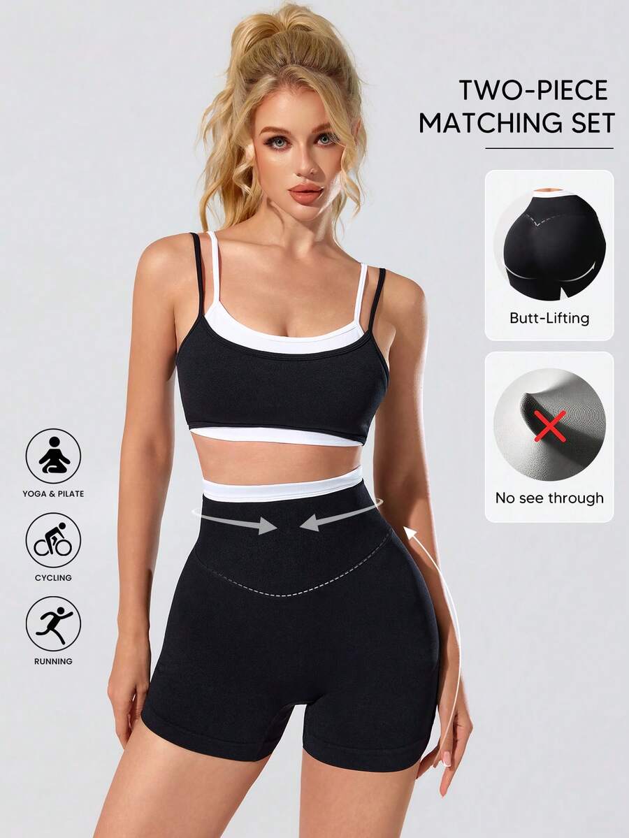Women's Minimalist Colorblock Camisole Top And Fitted Shorts 2 Pieces Set - Black - View 1