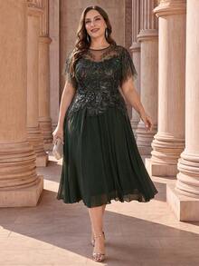 EVERPRETTY Plus Size Elegant Luxury Vintage Sequin Embroidery Mesh Patchwork Chiffon Ruffle Sleeve Olive Green Formal Evening Gown For Wedding Guest Party Dinner - Olive Green - View 1
