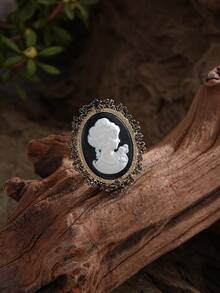 Cring Coco 1pc Victorian Style Cameo Lady Brooch, Vintage Oval White Woman Profile On Black Base, Ornate Antique Metal Frame, Jewelry Gift For Retro Enthusiasts - Beauty Head - View 2
