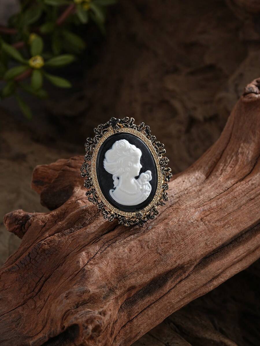 Cring Coco 1pc Victorian Style Cameo Lady Brooch, Vintage Oval White Woman Profile On Black Base, Ornate Antique Metal Frame, Jewelry Gift For Retro Enthusiasts