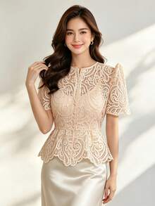 Modern Filipiniana Peplum Solid Color Lace Button Women's Top For Holiday, Wedding, Vacation, Daily, Birthday, Party, Date, Spring/Summer Fall - Champagne - View 2