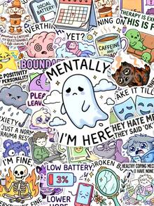 50Pcs Mental Health Meme Vinyl Stickers, Cute Ghost Skeleton Anxiety Quote Stickers, Waterproof Decals For Water Bottle, Journal, Planner, Teens Gift - Multicolor - View 1