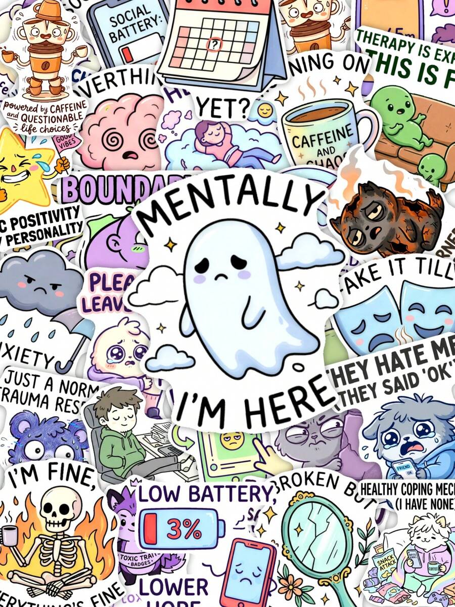 50Pcs Mental Health Meme Vinyl Stickers, Cute Ghost Skeleton Anxiety Quote Stickers, Waterproof Decals For Water Bottle, Journal, Planner, Teens Gift - Multicolor - View 1