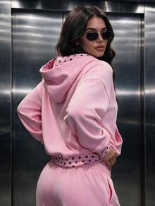 Women's Casual Fleece Lined Polka Dot Print Rib-Knit Pockets Oversized Long Sleeve Hoodies For Daily Wear,Winter Fall Clothes,Fall Winter Outfit - Pink - View 4