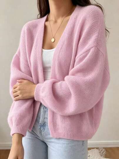 Women's Spring/Autumn/Winter Pink Basic Minimalist Long Sleeve V-Neck Front Open Cardigan Knit Jacket, Solid Color Gentle Casual Daily Wear