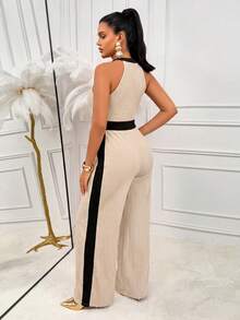 AIJ Women's Autumn Apricot Color Contrast Halter Neck Jumpsuit, Front Cutout, Textured Fabric, Wide Leg Slim Fit Elegant Jumpsuit, Casual Daily, Commute, Party Nightclub Outfit - Apricot - View 2