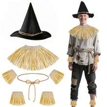 7-Piece Halloween Scarecrow Costume Accessories, Adult Wizard Scarecrow Set Including Scarecrow Hat, Halloween Role Play Outfit (7-Piece Set) - Multicolor - View 7