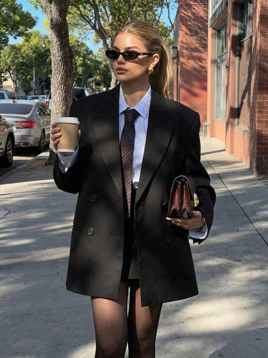 Women's Elegant Double-Breasted Polyester Long Sleeve Blazer Jacket With Pockets, Perfect Fit For Autumn - Black - View 1
