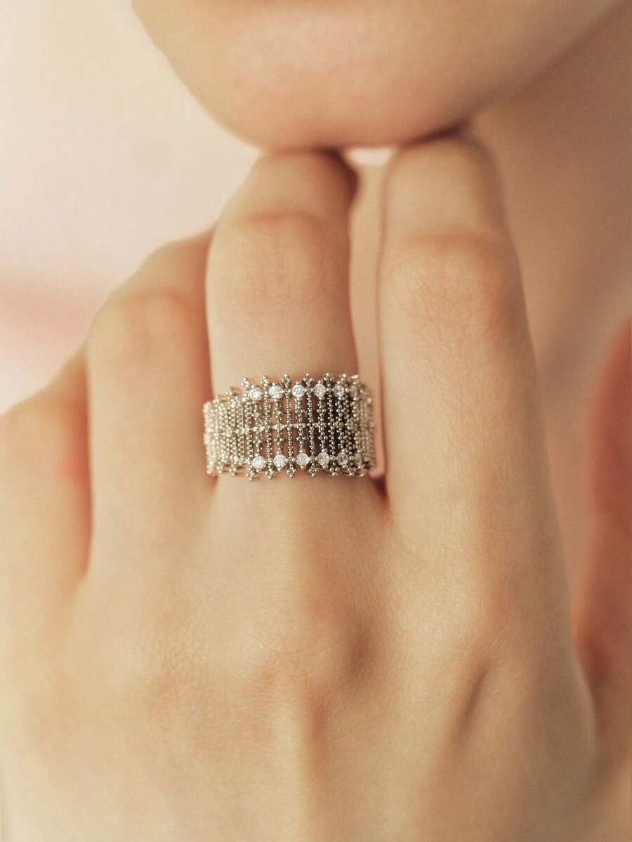 Sorayune 1pc Personalized Hollow Copper Micro-Inlaid Luxurious Floral Lace-Inspired Open Ring, Multi-Color Options - Silver - View 1