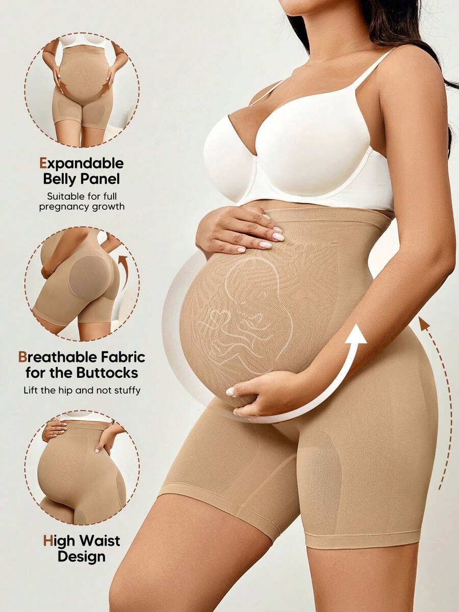 Pregnant Women's Solid Color Elastic Knee Length Shorts, Suitable For Summer For Maternity Casual - Apricot - View 1