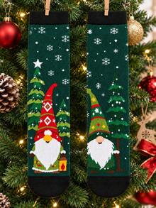 1 Pair Men's Mid-Calf Socks With Cartoon Christmas Gnome, Elf, Christmas Tree And Snowflake Patterns, Warm And Breathable Decorative Long Socks For Autumn/Winter Christmas Atmosphere, Personalized Mid-Calf Socks For Men, Suitable For Home, Party, Gathering And Outdoor Wear In Autumn/Winter, Novel Christmas Gift For Boys - Multicolor - View 1