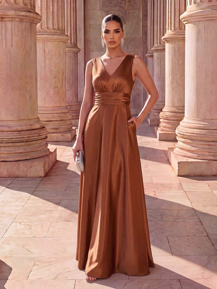 EVERPRETTY Casual Deep V-Neck Brown Dress