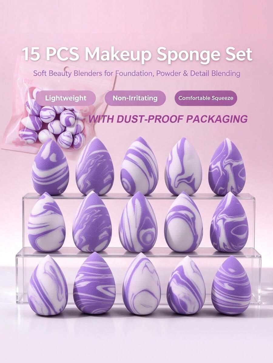Set de 15 piezas de esponjas de maquillaje mini con patrón de mármol, esponja de maquillaje en forma de gota de agua, borla de polvo para base, corrector y polvo suelto, de uso dual seco & húmedo