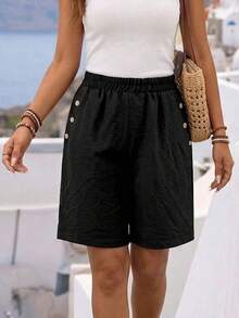 Plus Size Women Loose Casual Shorts With Pockets And Buttons - Black - View 2