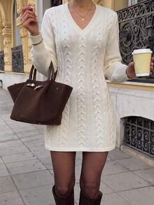 Just Masa Women's Fall Winter Casual Cable-Knit V Neck Sweater Dress,Solid Color Long Sleeve Rib-Knit Knitwear Mini Dress,For Party,Date,Going Out - Apricot - View 1