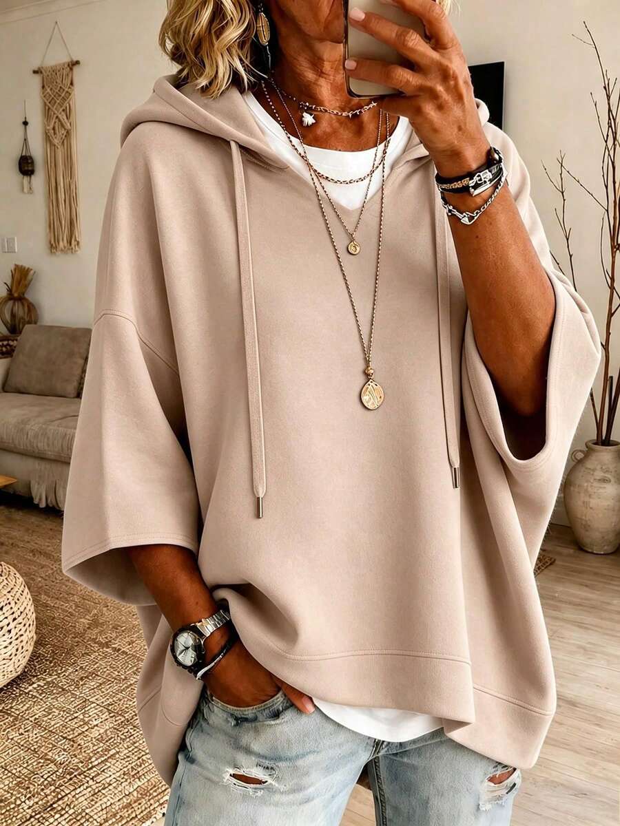 Plus Size Women's 3/4 Sleeve Hooded Drawstring Pullover Sweatshirt, Regular Length Casual Top, Comfortable For Autumn/Winter Wear
