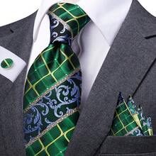 Men's Green Plaid Tie Pocket Square Cufflinks Tie Clip 4Pcs Set, Cufflinks Random Pattern, Wedding Business Suit Accessories - Green - View 3