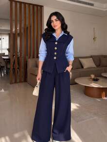 Women's Autumn Deep Blue Sleeveless Tank Top + Loose Wide Leg Pants 2-Piece Set (Inner Layer Not Included) Casual Daily Commute Outfit - Dark Blue - View 3