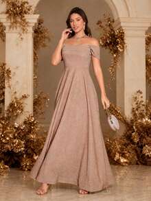 Elegant Off Shoulder Sparkly Waist-Cinched Long Dress Wedding Spring Party - Champagne - View 1