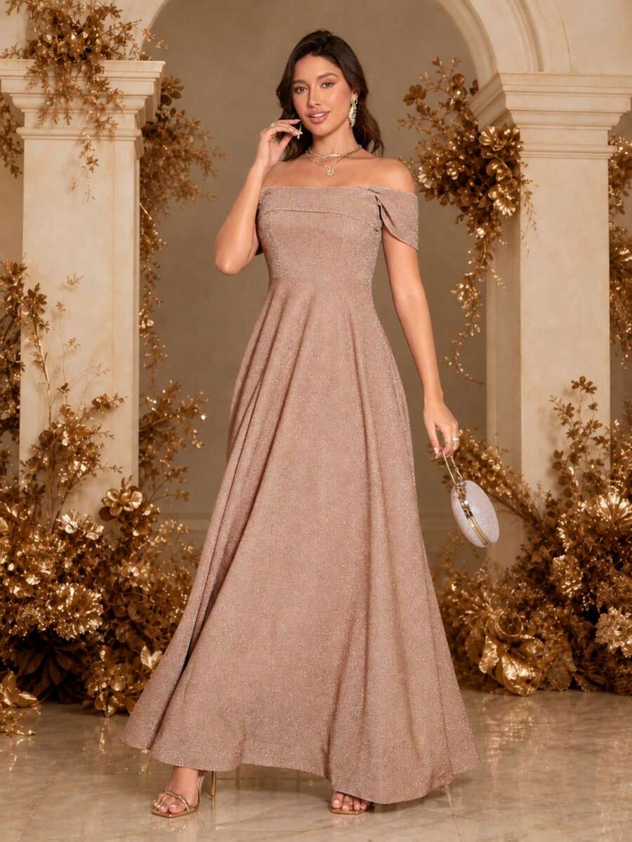 Elegant Off Shoulder Sparkly Waist-Cinched Long Dress Wedding Spring Party - Champagne - View 1