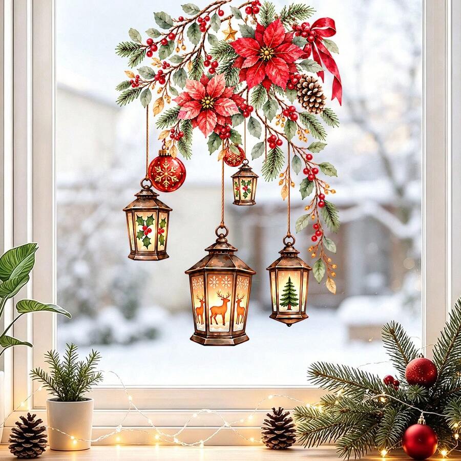 1/4pcChristmas Lantern Window Static Cling, Reusable Glass Static Ornament, Lightweight, For Xmas Indoor Window Decoration, Christmas Floral Lantern With Squirrel Bird Static Window Sticker, Window Decor - Multicolor - View 1