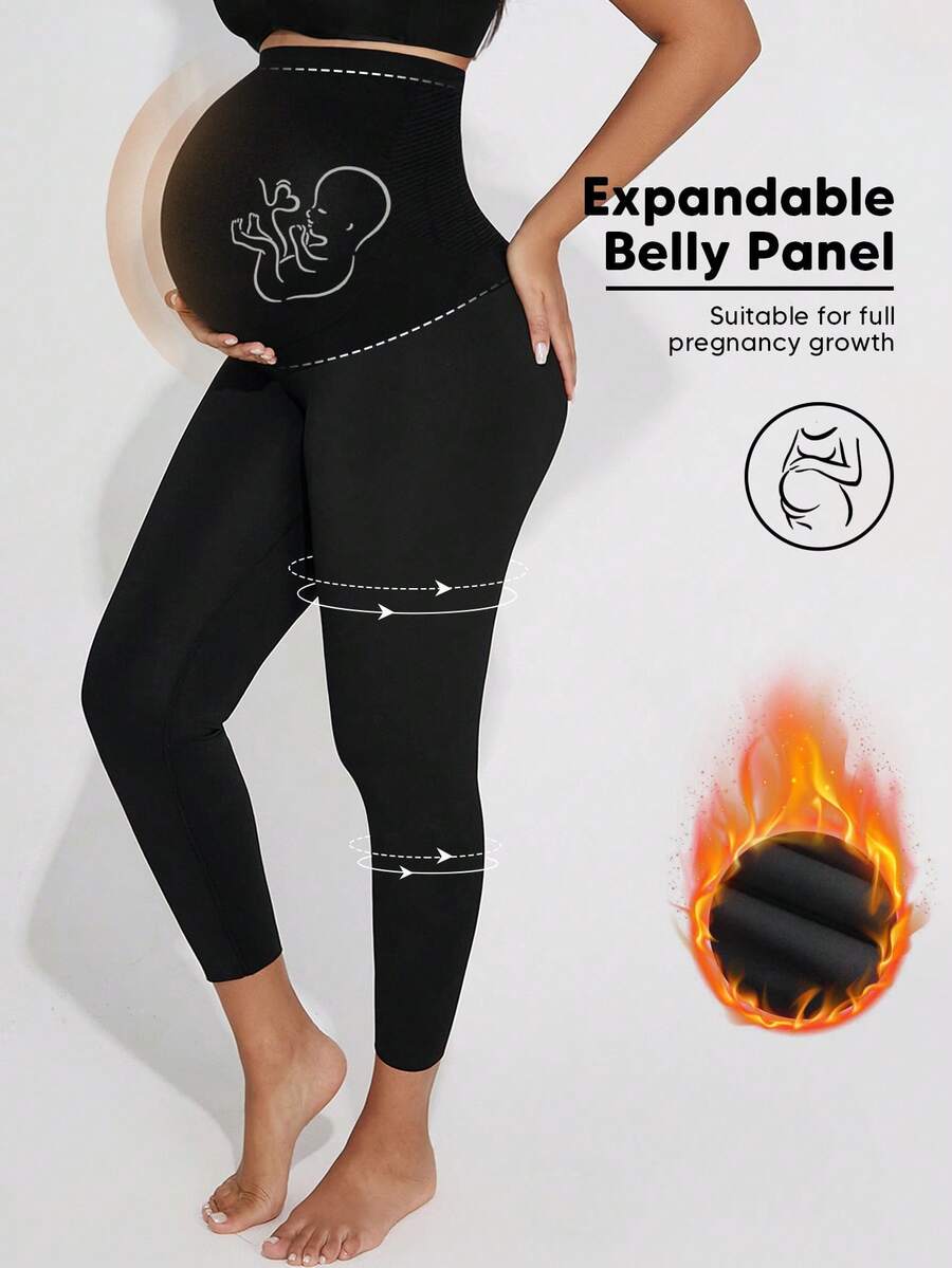 Maternity Supportive Knitted Solid Color Elastic Waist Casual Long Leggings, Black, With Expandable Abdomen - Black - View 1