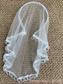 1pc Fashionable Sequin Light Ivory Veil Headband, Crystal Bead Trim Solid Color Tulle Short Bridal Hair Accessory, Party Hair Accessory - Light Ivory - View 8