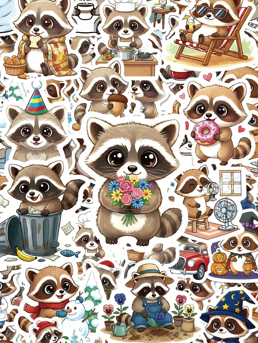 56Pcs Raccoon Journal Stickers, Cute Chat Theme Design, Hand-Drawn Motifs Of Hat-Wearing Raccoons, Naughty Expressions, For Bike, Books, Journal, Tumbler, Desktop Organizer, Skateboard, Document Box Decor - Multicolor - View 1