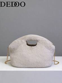 Dedoo Women's Plush Handbag, Shell Shape, Solid Color, Faux Mink Fur, Hollow Handle, Gold Chain, Crossbody, Fashion Lady Style, Suitable For Autumn/Winter, Women's Gatherings And Dates - Apricot - View 2