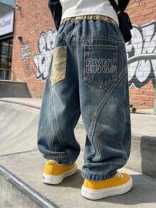 Boys' Kids' Loose Fit Camouflage Patchwork Letter Print Retro Street Style Elastic Waist Denim Straight Leg Jeans, Suitable For Daily, School, Casual, Outdoor Wear, Spring, Autumn, All Seasons - Blue - View 2